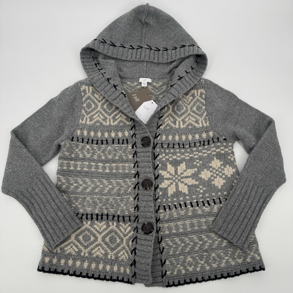 J Jill Fair Isle Hooded Cardigan Sweater Womens XS Preppy Embroidered Nordic